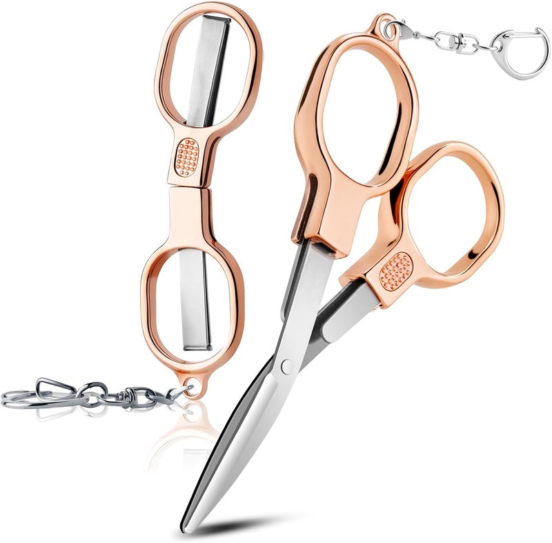 BSADIY 2 Pcs Folding Stainless Steel Portable Mini Small Travel Scissors, Safety Foldable Pocket Badge Nursing Scissors with 2 Keychain for Travel, Home, Office, Craft, Sewing (Rose Gold) - Image 1